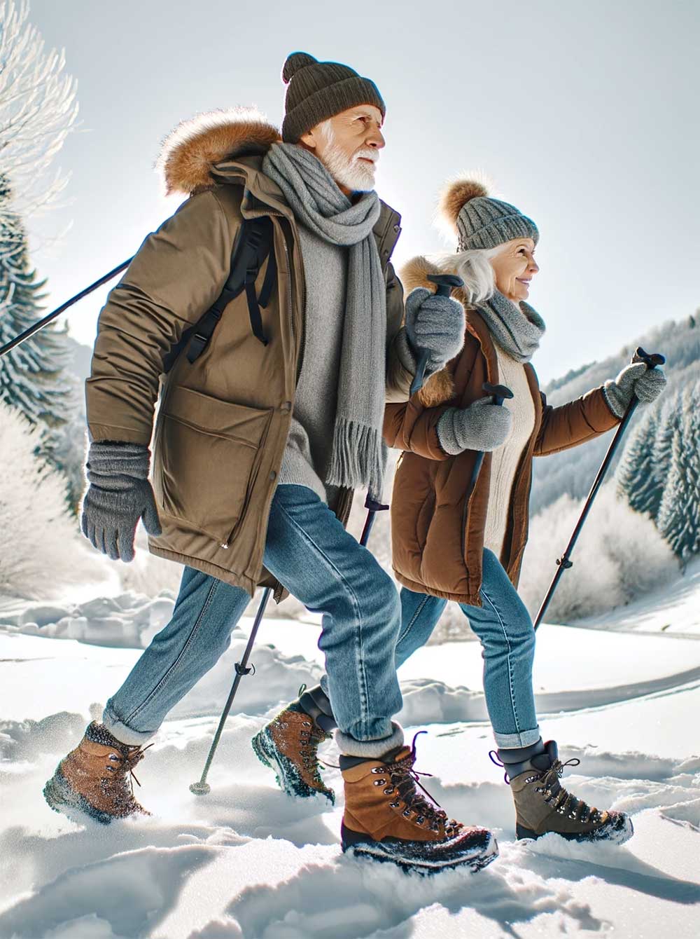 seniors hiking in winter